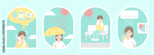 ミントカラーの熱中症対策フレームイラスト4点セット 人物入りのやさしい夏素材