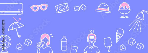 ネオン風配色の熱中症注意バナー 線画タッチの夏モチーフベクター背景