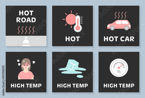 高温注意を表す熱中症関連アイコン6点セット 黒背景のフラットベクター