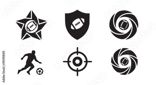American football and soccer sports icons set, black silhouette athletic logos with ball and player, 6 vector graphic elements for team branding