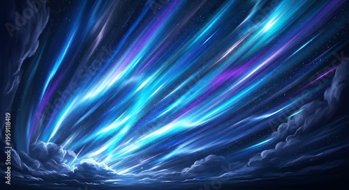 Vibrant aurora borealis in starry night sky over clouds, cosmic light display, magical atmosphere