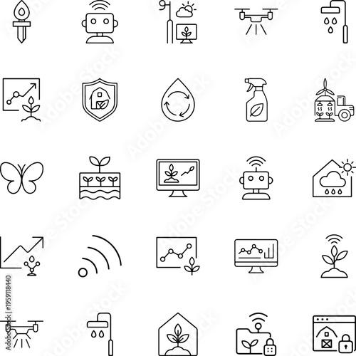 Smart farming agriculture technology line vector icon set plant robot drone monitor