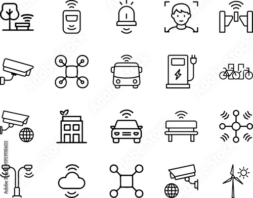 Smart city IoT line icon set CCTV camera drone car charger face recognition