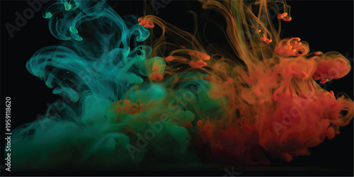 Dramatic abstract shot of orange and turquoise blue colorful liquid ink or particulate clouds colliding and dispersing in water against a pure black background.