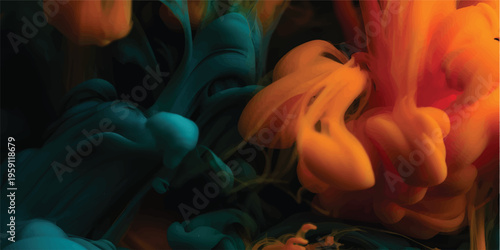 Vibrant swirl of red, orange, pink, and blue ink suspended in water against a black background, creating an abstract, smoky, and dynamic visual effect.