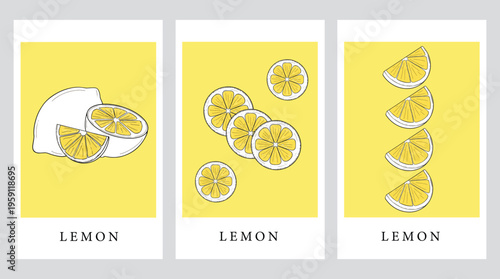 Abstract posters with lemons fruits design, aesthetic minimalist backgrounds set, modern trendy wall decoration