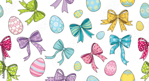 Colorful Easter eggs and decorative ribbon bows create a cheerful, seamless vector illustration for festive spring holiday designs and fabric patterns.