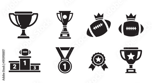 American football championship icons set, 8 black vector elements, trophy cups and winner medals, sports tournament achievement symbols