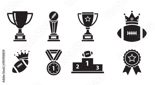 American football championship icons set, 8 black vector trophies and awards, sports victory medals and podium symbols for tournament branding