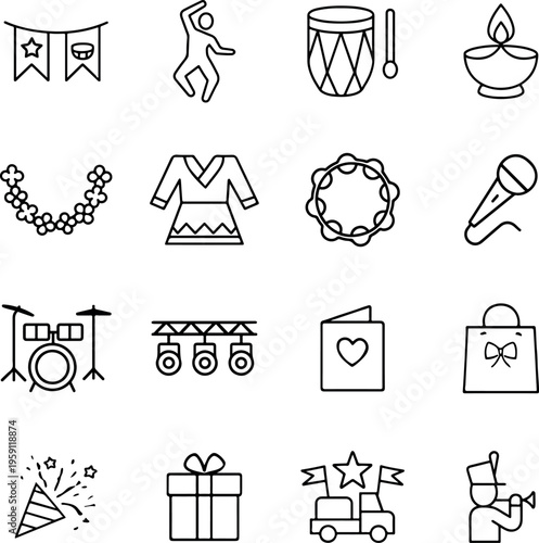 Festival celebration party line vector icon set drum dancer gift lamp