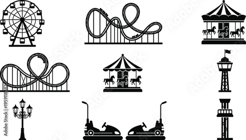 Amusement park icon set with silhouette ferris wheel, roller coaster, carousel, bumper cars, observation tower and vintage street lamp for carnival theme park design