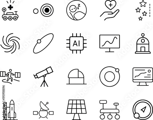 Space astronomy line vector icon set telescope rocket planet rover