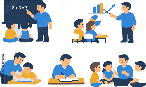 Teacher teaching a student vector icon set