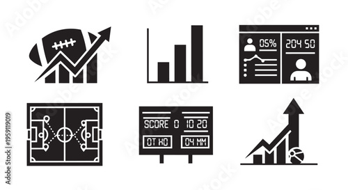 Sports betting analytics icons set, 6 black vector elements for football statistics and basketball wagering, scoreboard and data charts