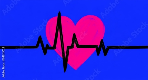 Stylized illustration of a vibrant pink heart with a bold black electrocardiogram line on a blue background