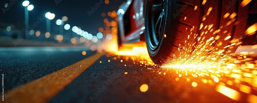 Fototapeta premium Car tire creates sparks on asphalt road at night. Speeding vehicle on race track with bokeh lights. Extreme motion and energy of fast drive.