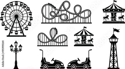 Amusement Park Attractions Silhouette Set Featuring Ferris Wheel Roller Coaster Carousel Bumper Cars Carousel Horses Street Lamp And Observation Tower For Carnival Fair Designs