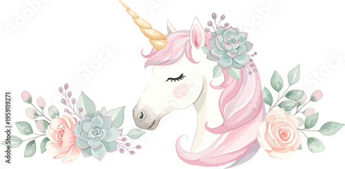 Watercolor unicorn with rainbow mane and floral accents