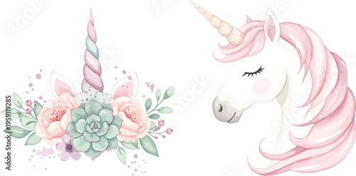 Watercolor unicorn with rainbow mane and floral accents