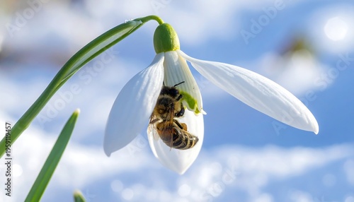 A bee collects nectar from a white flower in snowy conditions