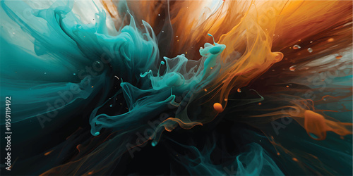 A vibrant abstract composition where colorful inks blend and swirl together against a black background. Forms evolve in motion