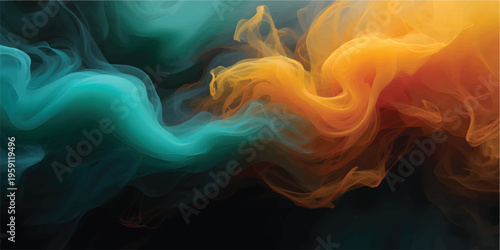 A vibrant abstract composition where colorful inks blend and swirl together against a black background. Forms evolve in motion
