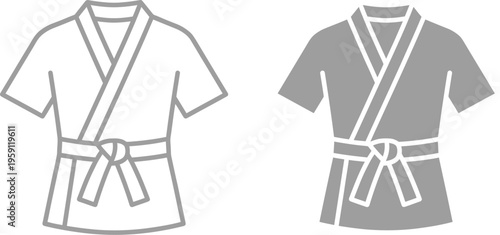 Simple illustrations of two martial arts uniforms in white and gray