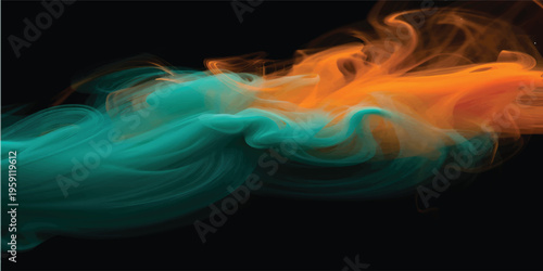 Orange and teal colored clouds of particles collide mid air. Small orbs scatter across dark background creating dynamic abstract composition. Vibrant energy burst with motion.