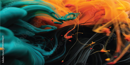 Orange and teal colored clouds of particles collide mid air. Small orbs scatter across dark background creating dynamic abstract composition. Vibrant energy burst with motion.