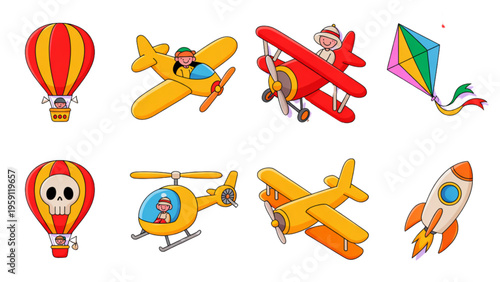 A collection of colorful hand drawn cartoon style flying vehicles and a kite for children to enjoy Vector