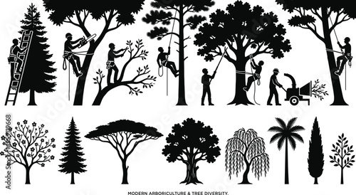 Modern arboriculture and tree diversity silhouette set featuring professional arborist workers climbing, pruning, using wood chipper, and maintaining various trees for forestry and landscaping