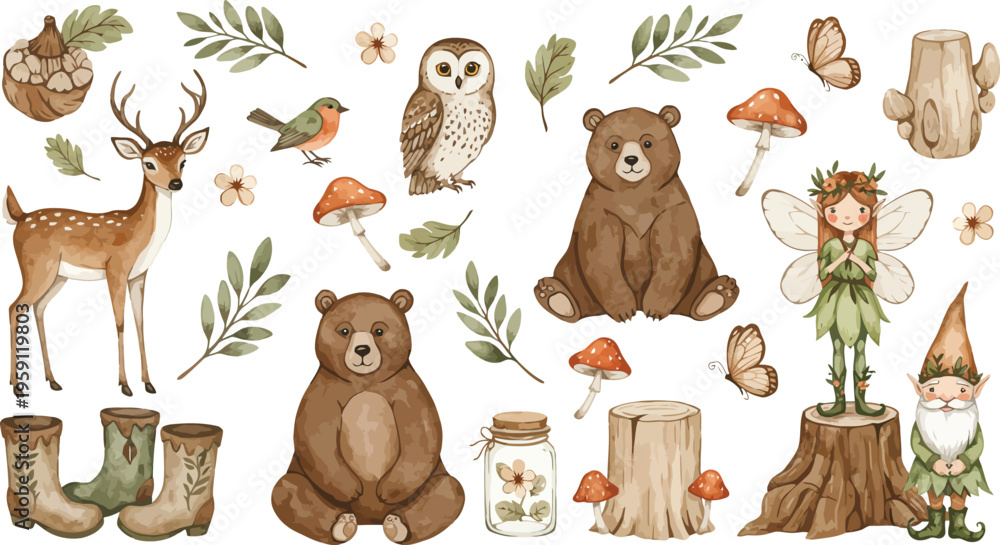 Fototapeta premium Funny cartoon vector illustration featuring a set of forest and farm animal icons like a bear, tiger, lion, and pet dog for a baby zoo collection