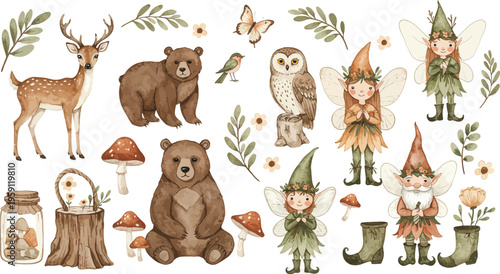 Funny cartoon vector illustration featuring a set of forest and farm animal icons like a bear, tiger, lion, and pet dog for a baby zoo collection