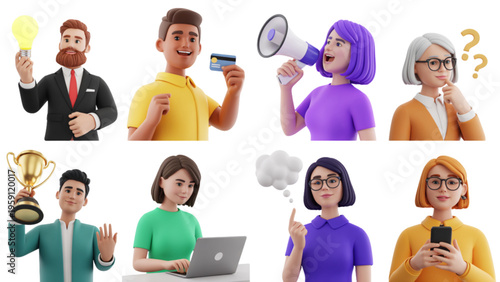 A collection of diverse 3d characters representing various business concepts and daily activities Vector