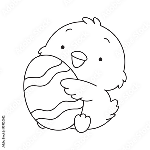 Cute Chick Holding Easter Egg Outline Illustration for Coloring Simple Vector Art with Minimalist Style