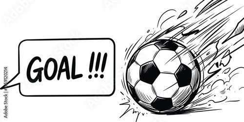Soccer ball flying with a goal announcement in a comic style illustration