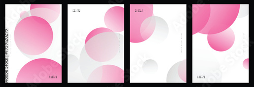 Minimalist circle poster set. Overlapping pink and gray spheres with text placeholders. Soft pastel gradient texture with clean modern vibe. Vector geometric layout collection. 