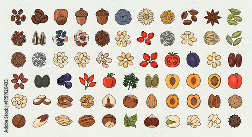 A comprehensive collection of 50 botanical seeds and pods. Minimalist flat-vector style, ideal for organic food packaging, farming education, and nature infographics.
