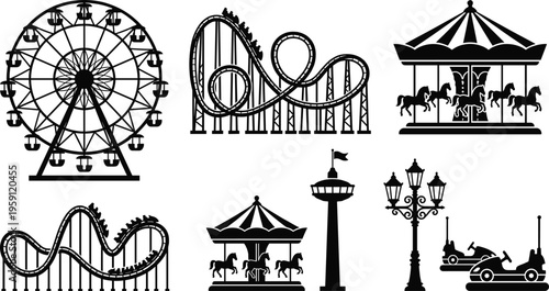 Amusement park silhouette icons set featuring ferris wheel, roller coaster, carousel, bumper cars, observation tower, and vintage street lamp for carnival theme park design