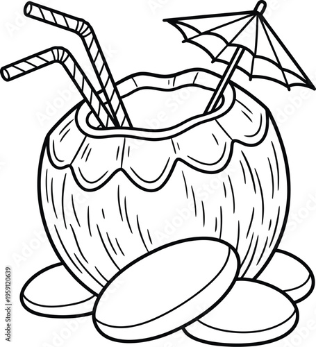 Coconut cocktail with umbrella and straws on coins