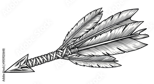 Vintage Arrow with Feather Fletching, Hand-Drawn Illustration