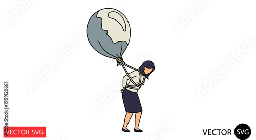 Woman struggling to carry heavy balloon on white background