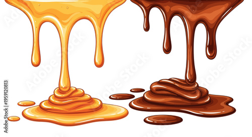 Sweet Honey and Chocolate Syrup Dripping and Flowing