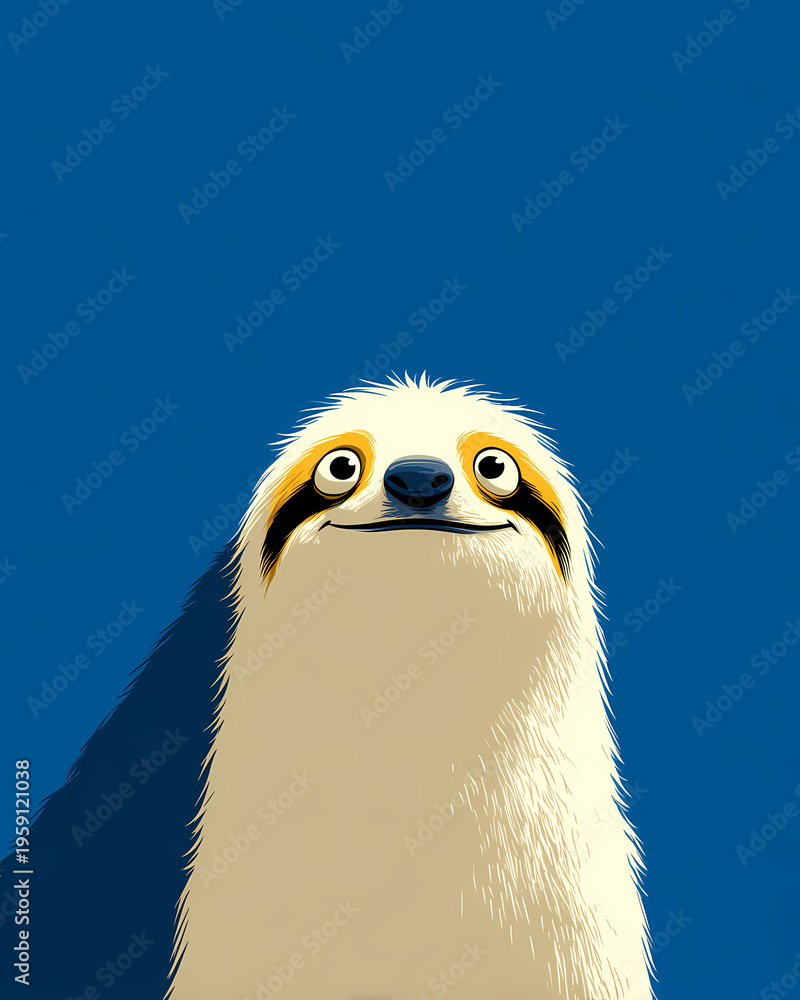 Fototapeta premium Funny sloth close-up portrait on vibrant blue background, modern digital animal illustration