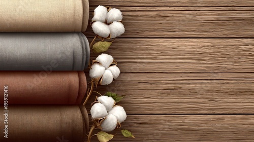 A stack of rolled towels in neutral earth tones beside raw cotton bolls on a dark wooden surface. Top-down view highlighting organic textile origins.
