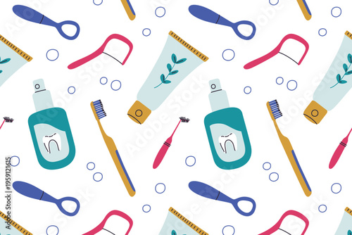 Oral hygiene seamless pattern with dental care tools and products. Daily teeth cleaning routine, cartoon vector illustration for dental clinic and health design, toothbrush, toothpaste doodles