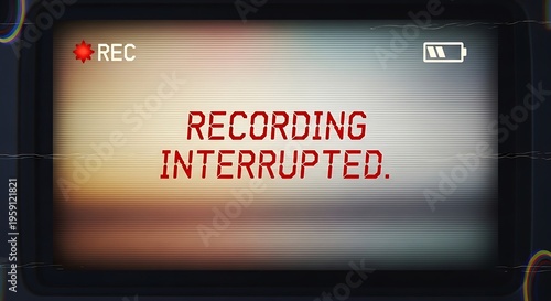 Old camera rec symbol with recording interrupted message, retro glitch, home video.
