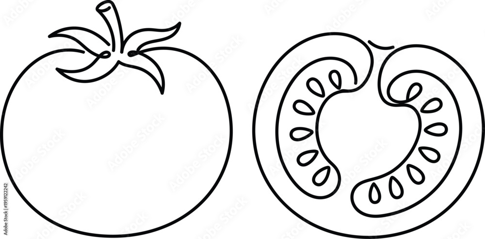 Fototapeta premium Simple line drawing of a whole and halved tomato showing its seeds