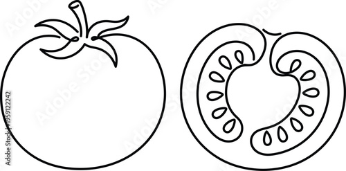 Simple line drawing of a whole and halved tomato showing its seeds