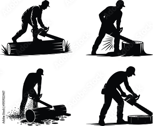 Lumberjack cutting wood silhouettes vector set, chainsaw workers logging timber forest industry illustration collection